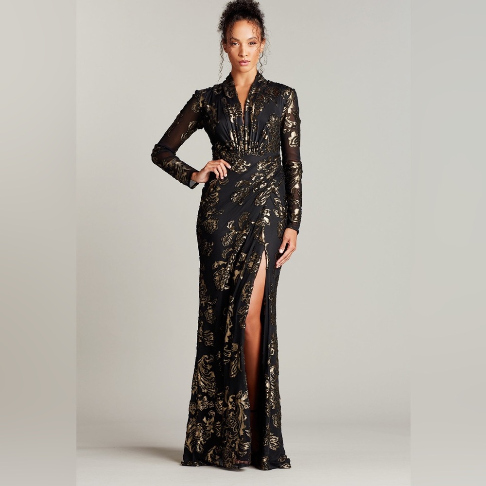 Gorgeous Tadashi Shoji Banu Gold Burnout Gown